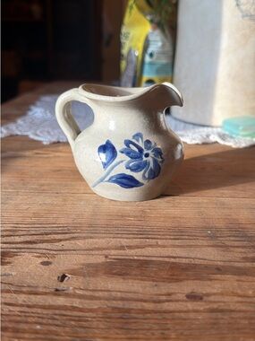 Hand-Painted Cream Ceramic Pitcher with Blue Floral Design